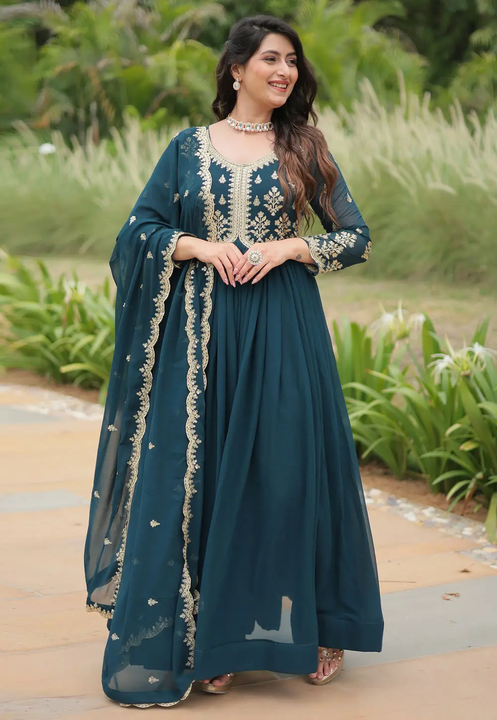 Teal Faux Georgette Readymade Anarkali Suit 297599