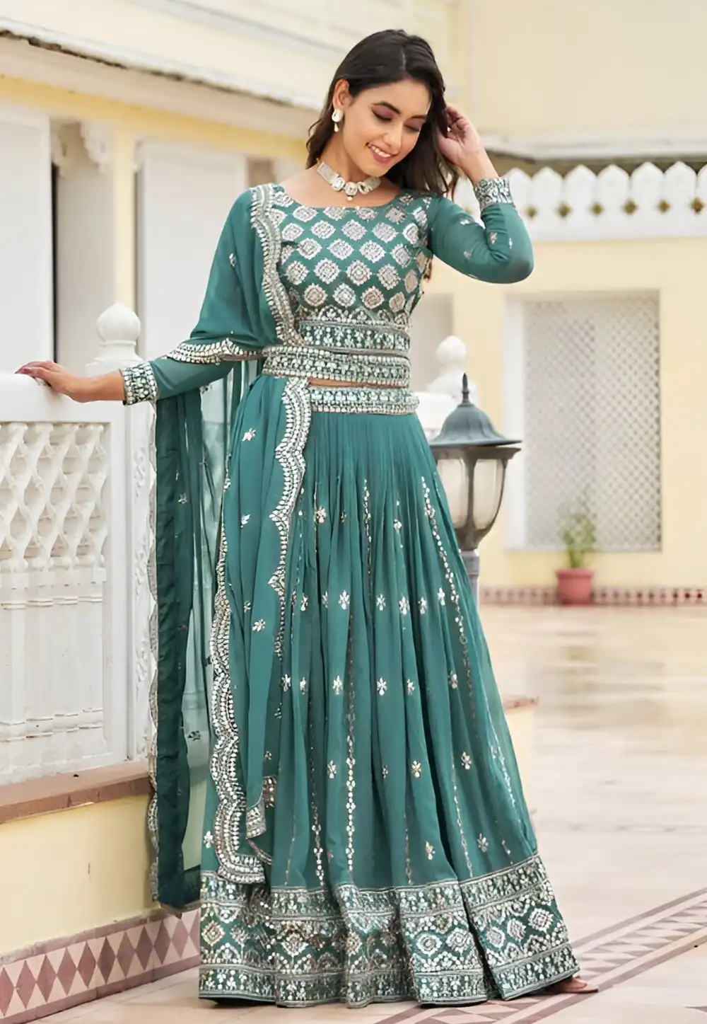 Teal Faux Georgette Readymade Circular Lehenga Choli 294305