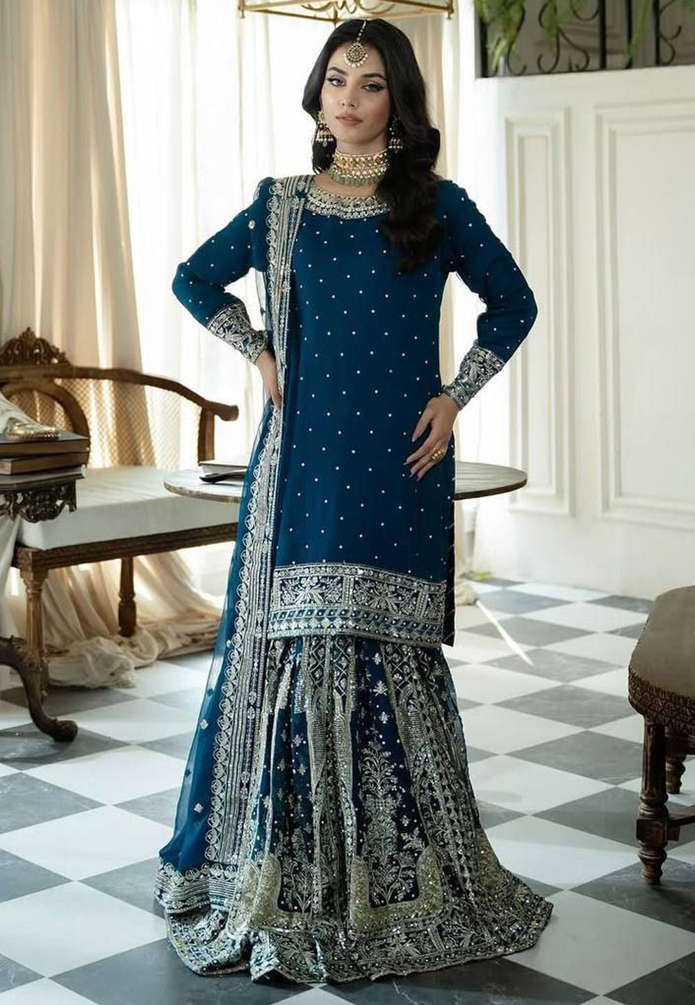 Teal Faux Georgette Readymade Sharara Suit 305745