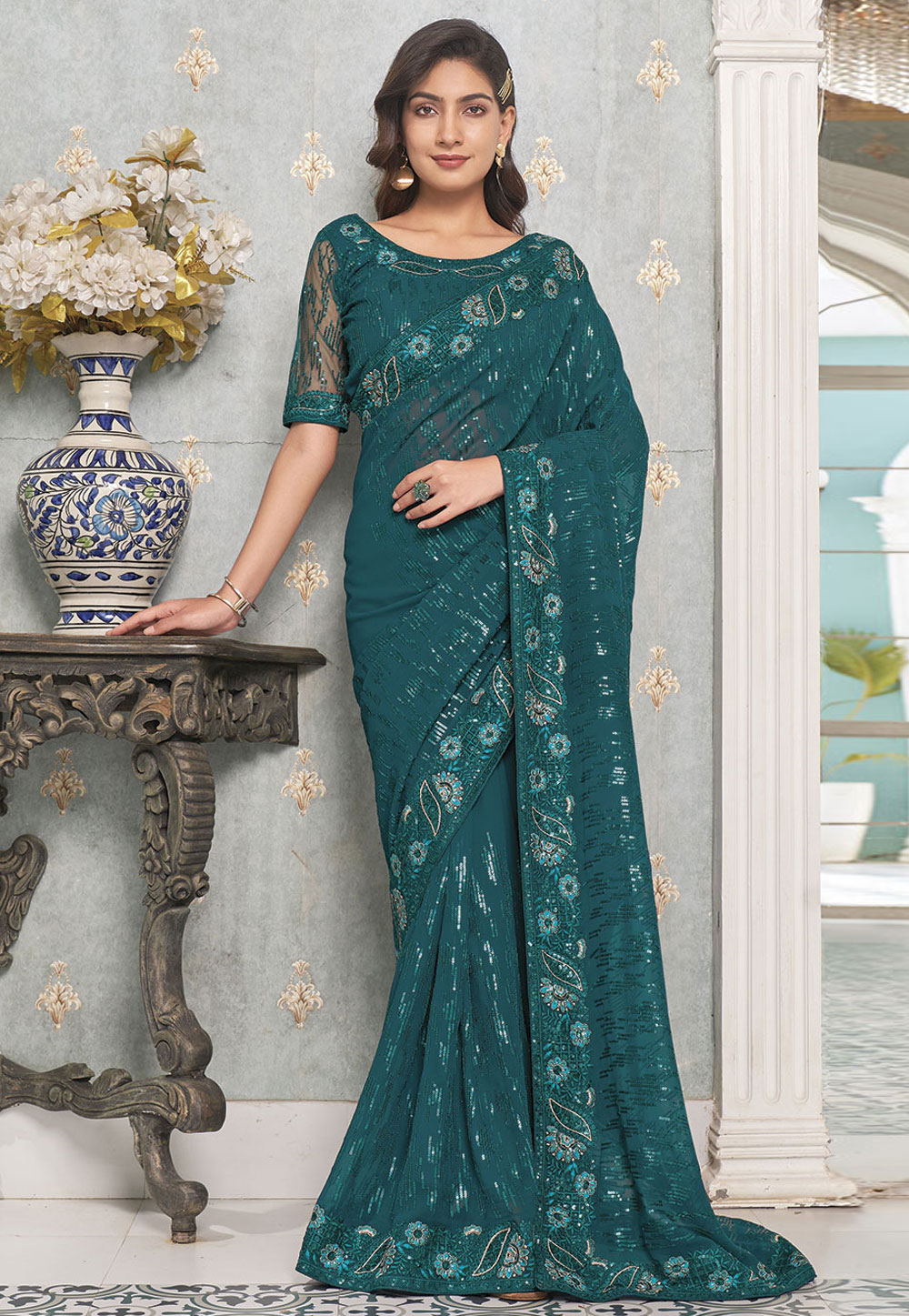 Teal Faux Georgette Saree With Blouse 279841