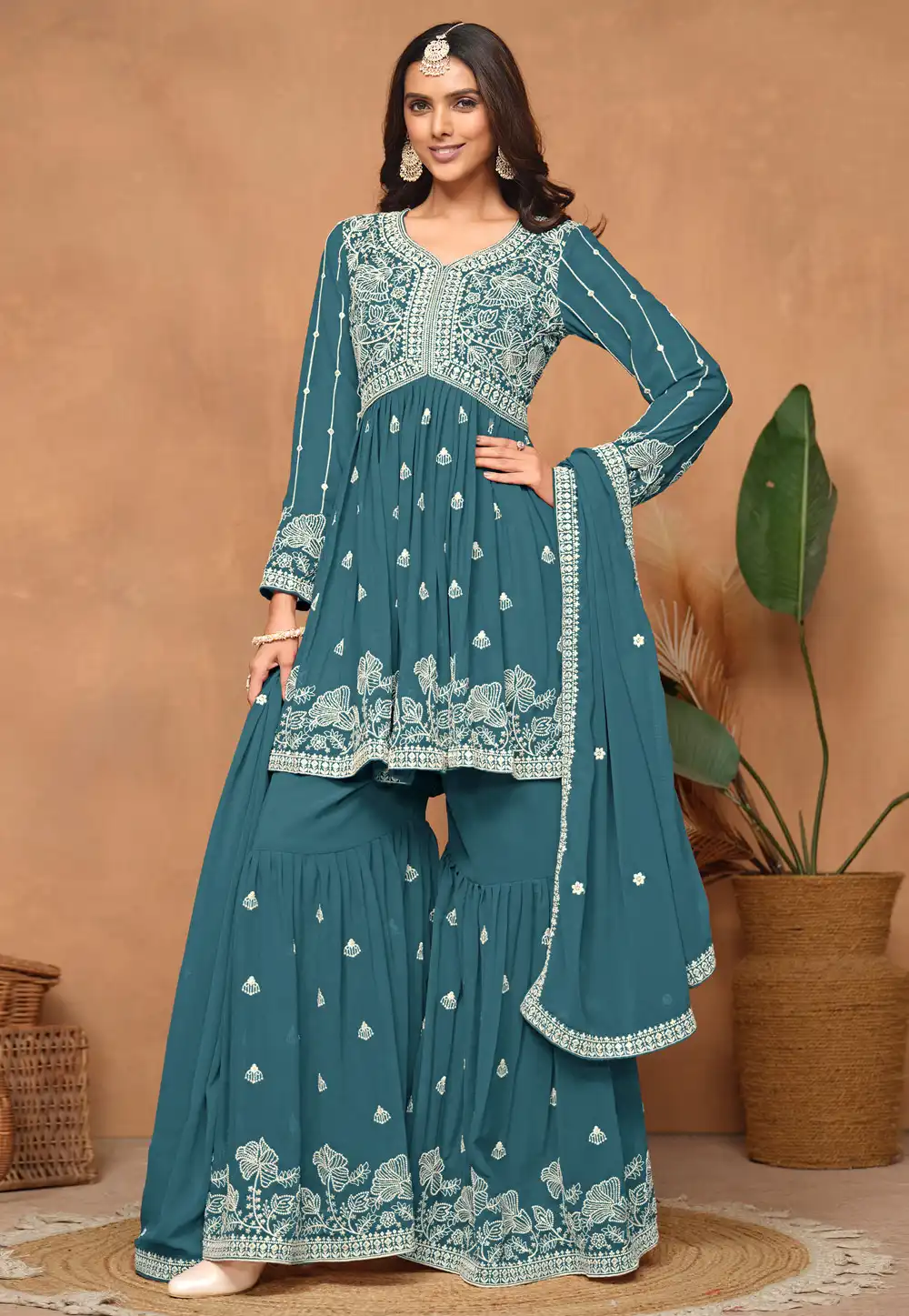 Teal Faux Georgette Sharara Suit 291845