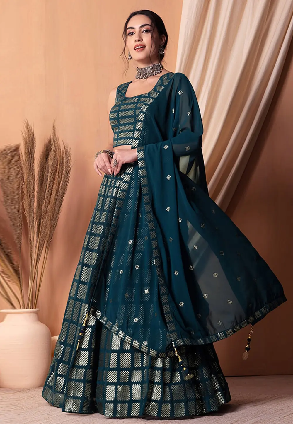 Teal Georgette A Line Lehenga Choli 300862