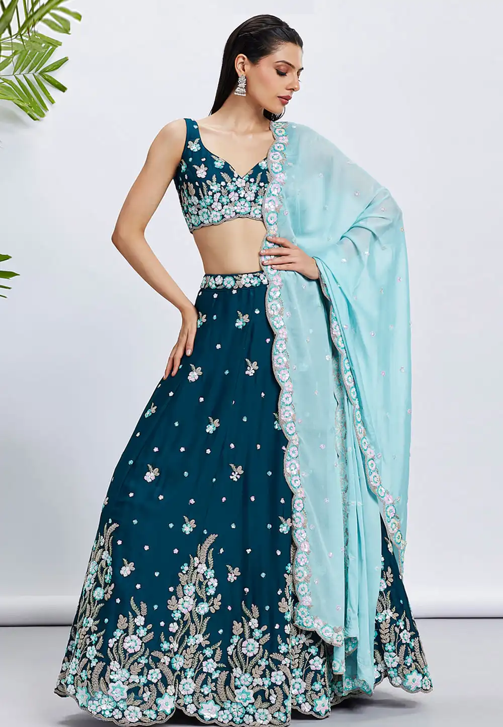 Teal Georgette A Line Lehenga Choli 291803