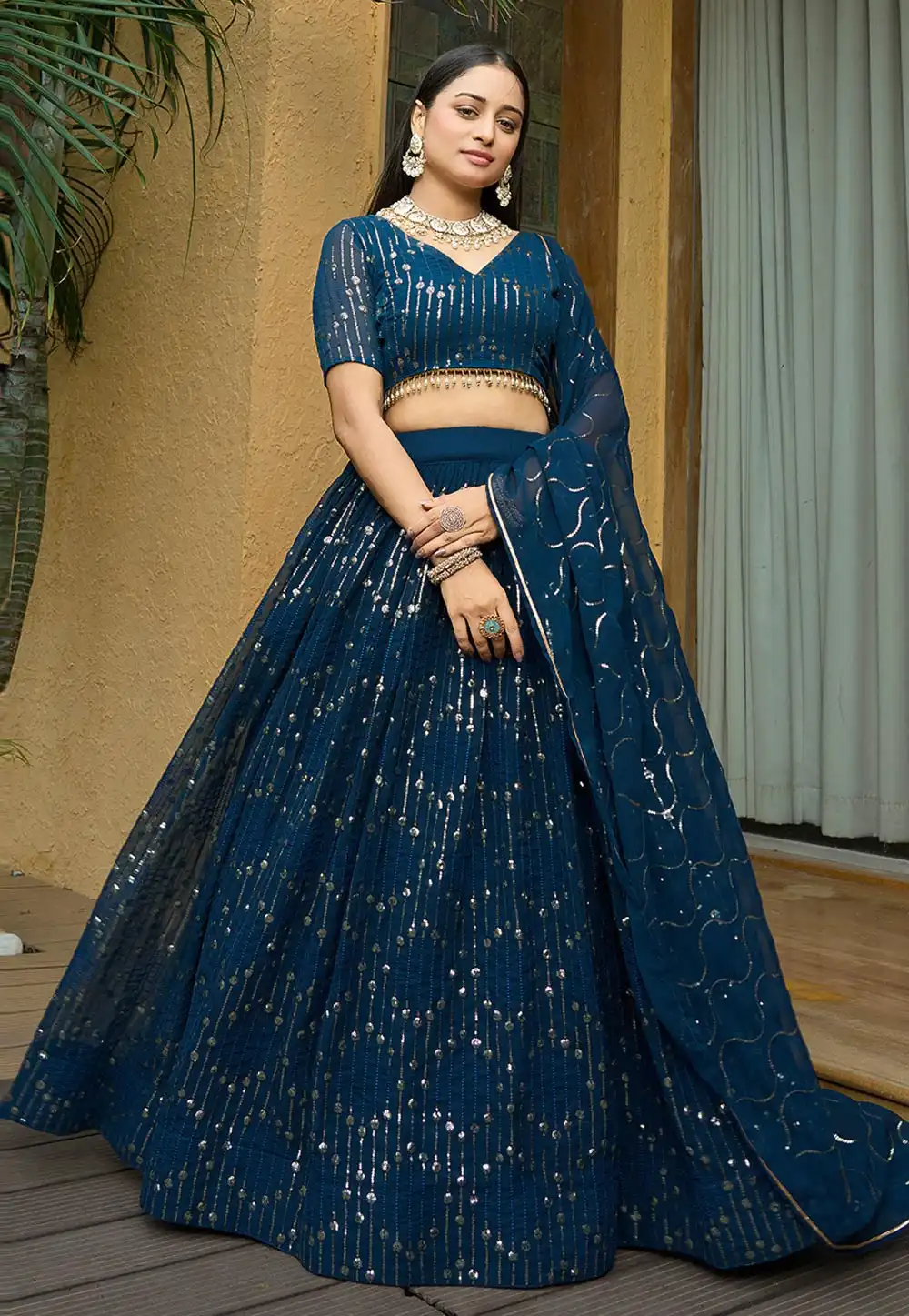 Teal Georgette Circular Lehenga Choli 293976