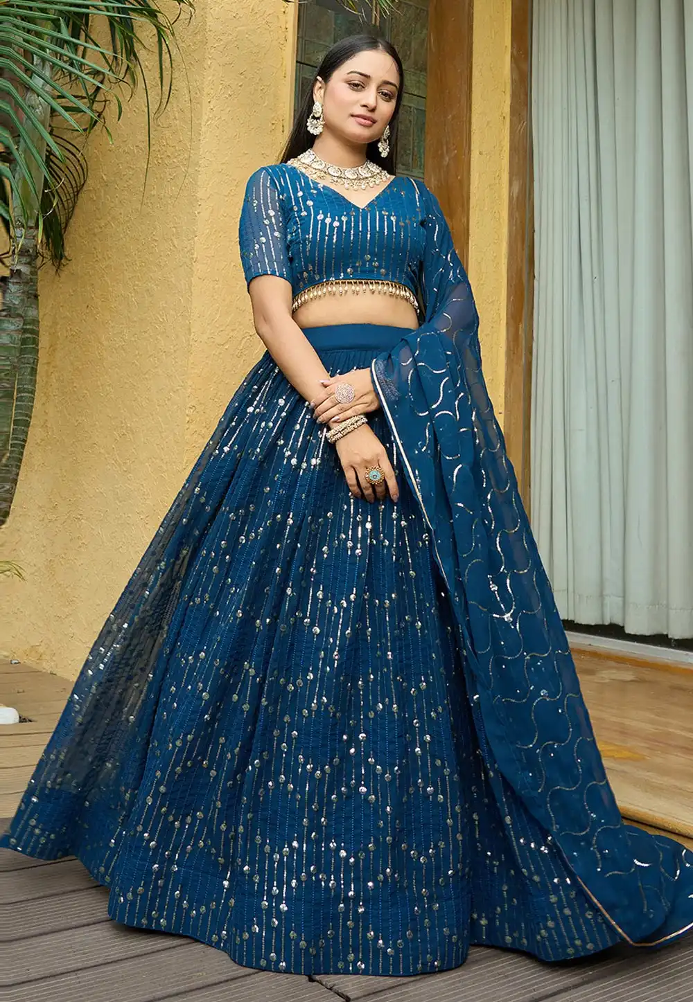 Teal Georgette Circular Lehenga Choli 293976