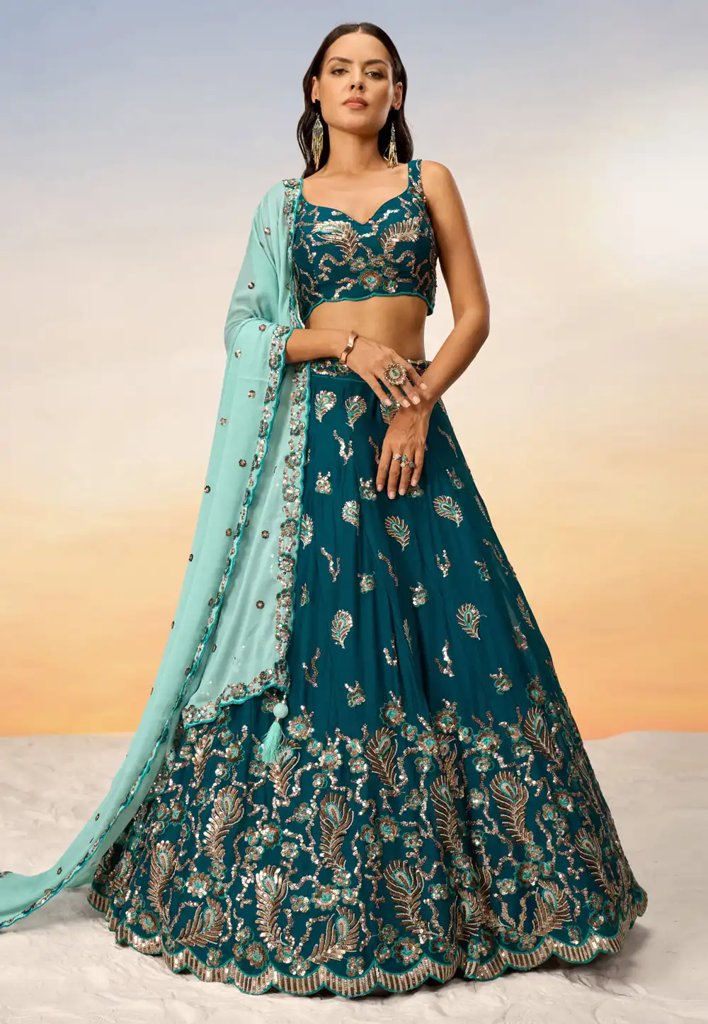 Teal Georgette Circular Lehenga Choli 288797