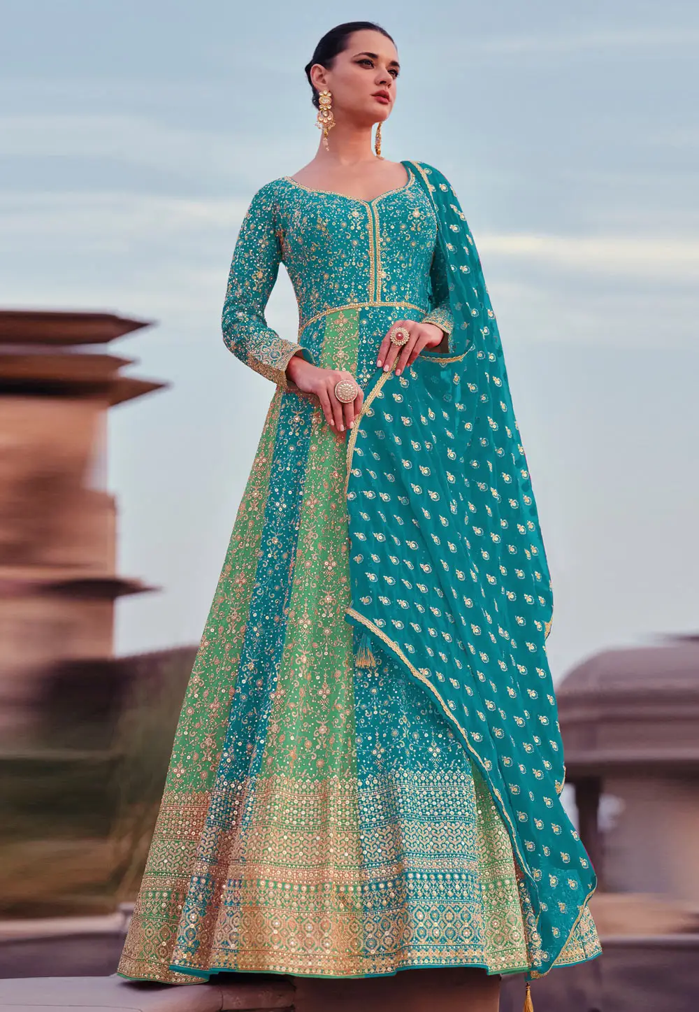 Teal Georgette Embroidered Long Anarkali Suit 295405