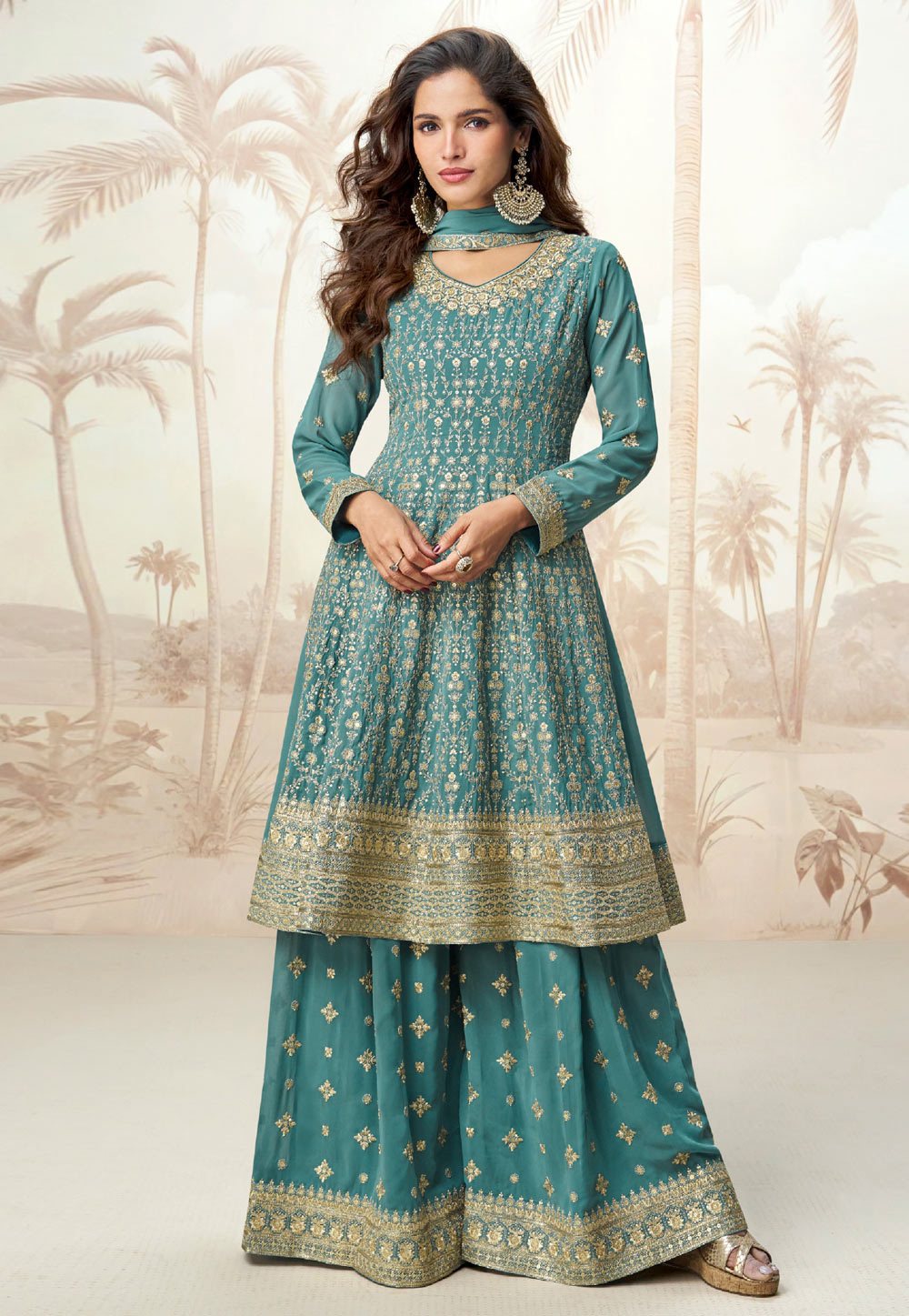Teal Georgette Embroidered Palazzo Suit 310520