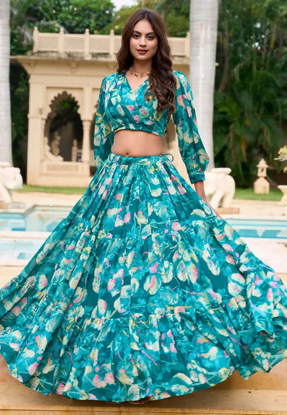 Teal Georgette Floral print Lehenga choli 298609