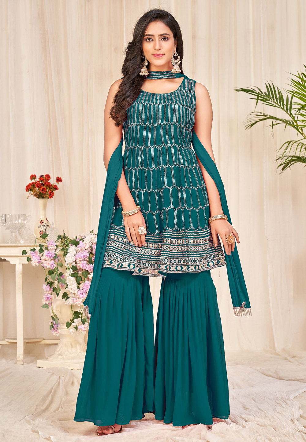 Teal Georgette Gharara Suit 305719