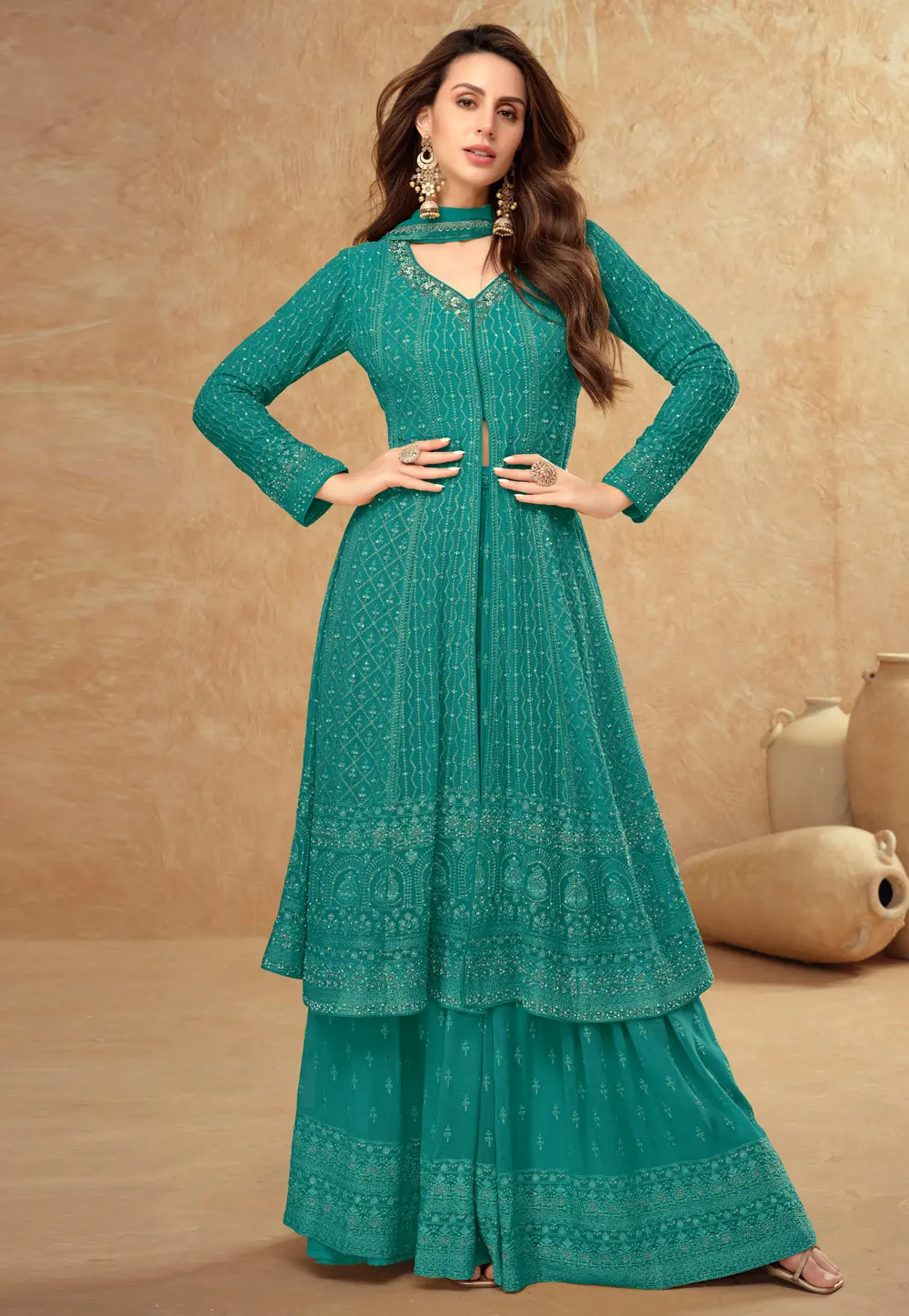 Teal Georgette Indo Western Lehenga Choli 297270