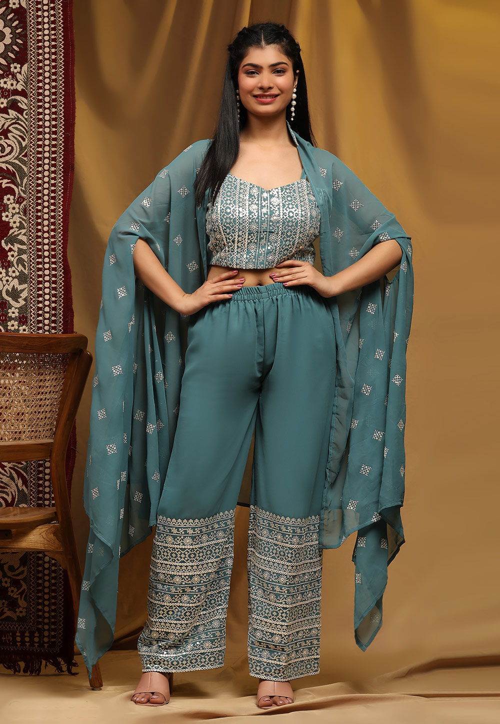 Teal Georgette Jacket Style Suit 287076