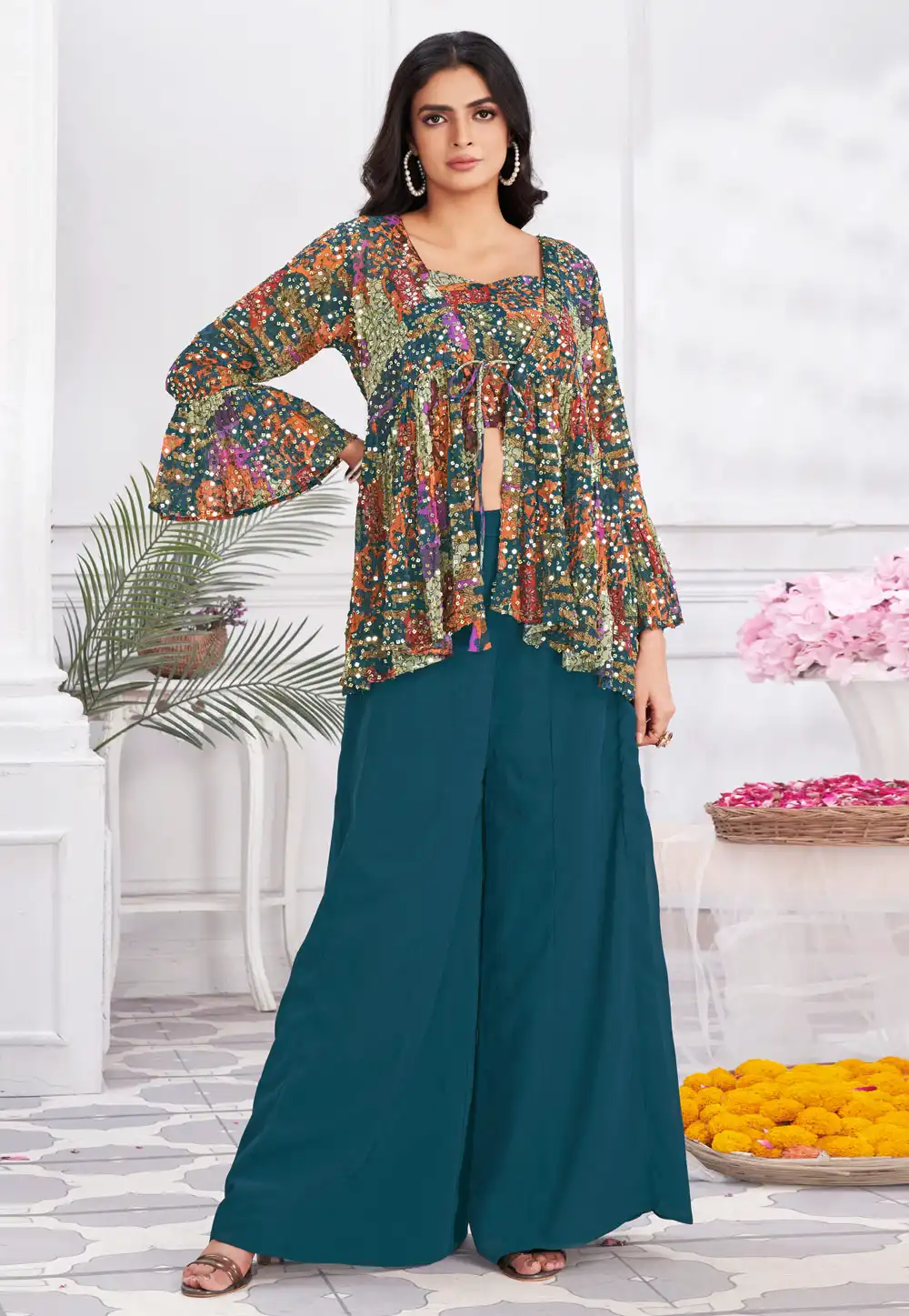 Teal Georgette Jacket Style Suit 288271