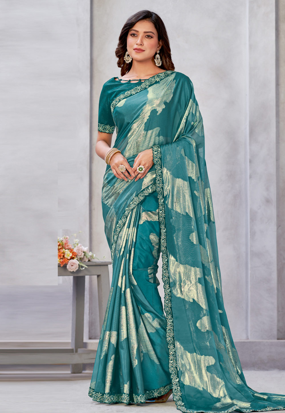 Teal Georgette Jacquard Saree With Blouse 283602