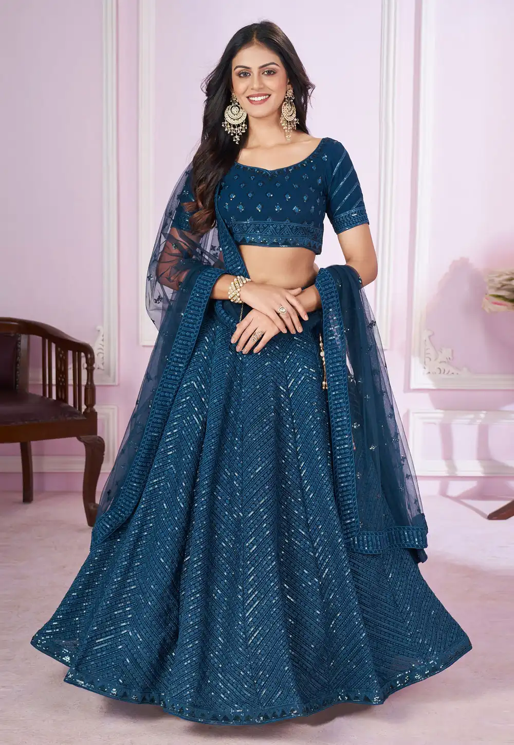 Teal Georgette Lehenga Choli 292050