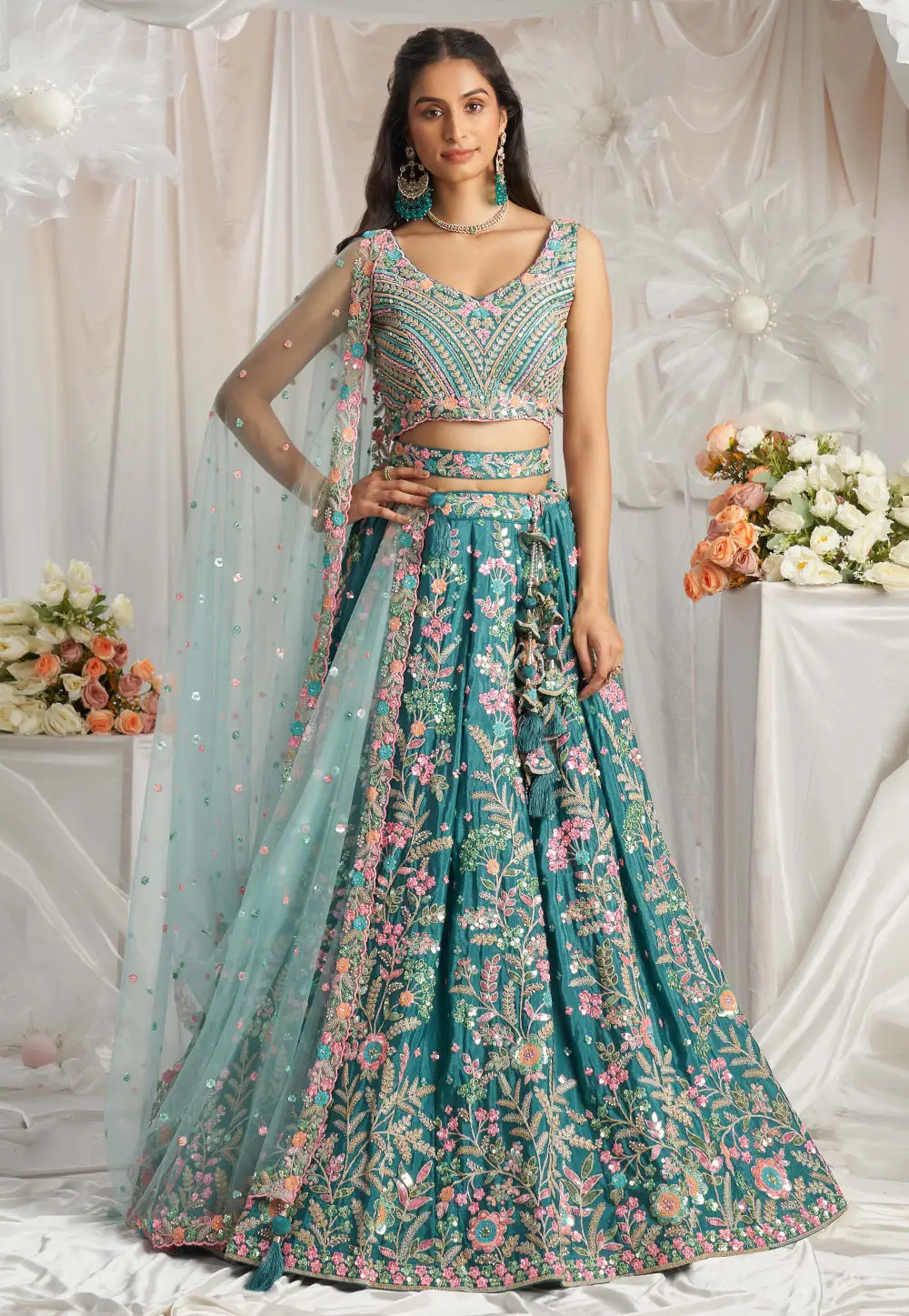 Teal Georgette Lehenga Choli For Wedding 295474