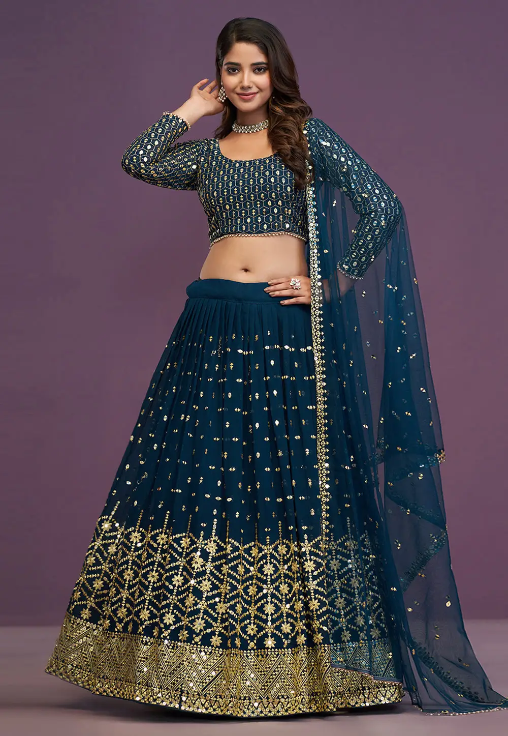 Teal Georgette Lehenga Choli 296455