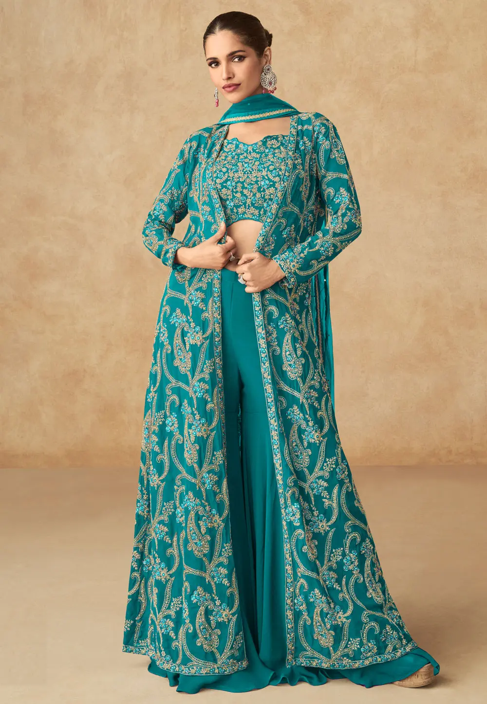 Teal Georgette Palazzo With Crop Top 301437