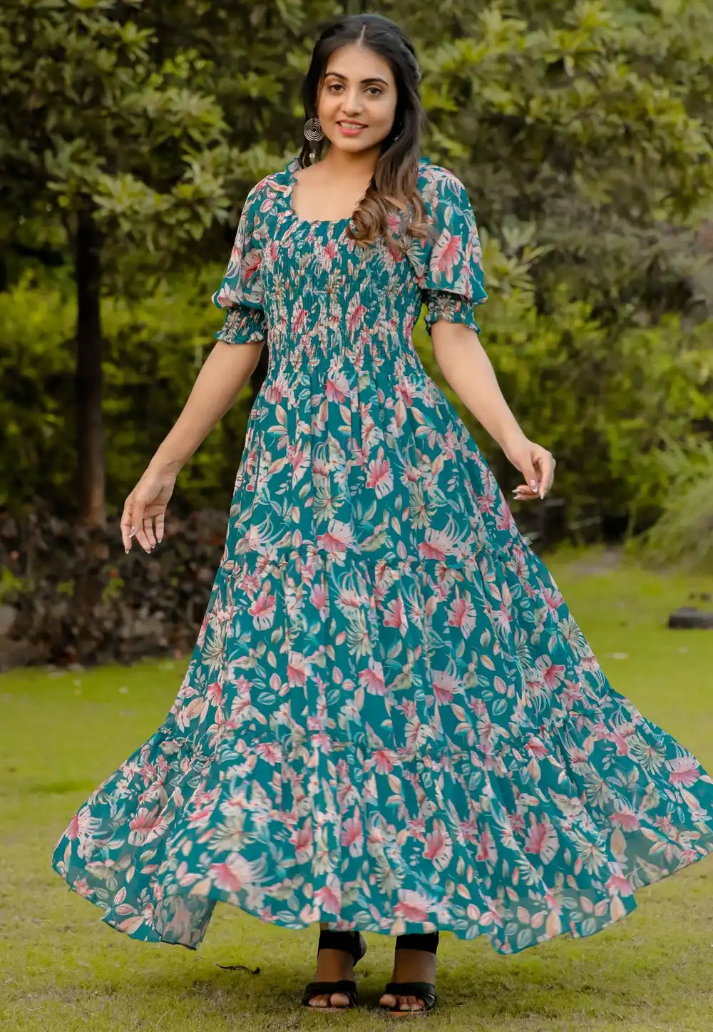 Teal Georgette Printed Gown 291378