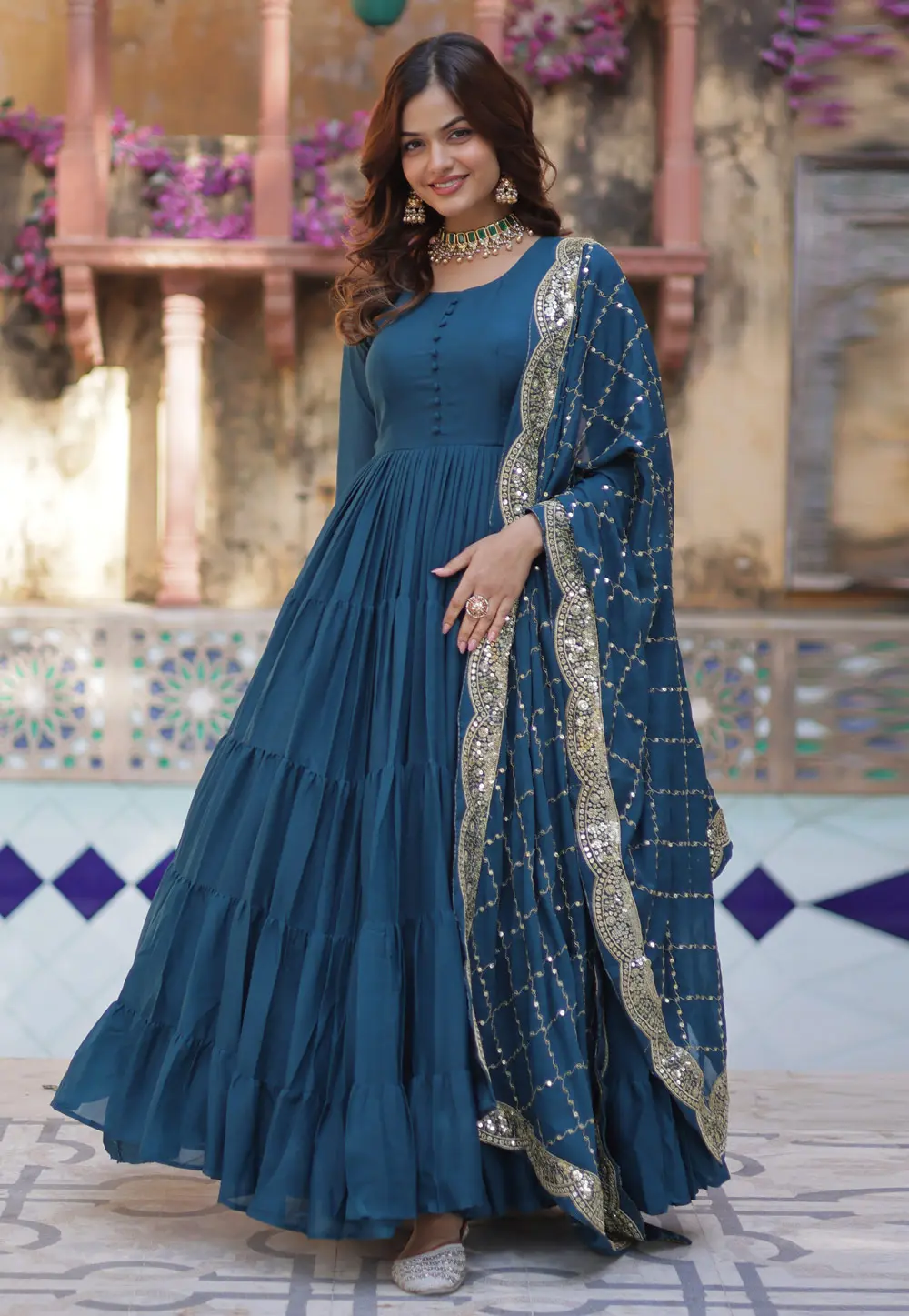 Teal Georgette Readymade Anarkali Suit 303523