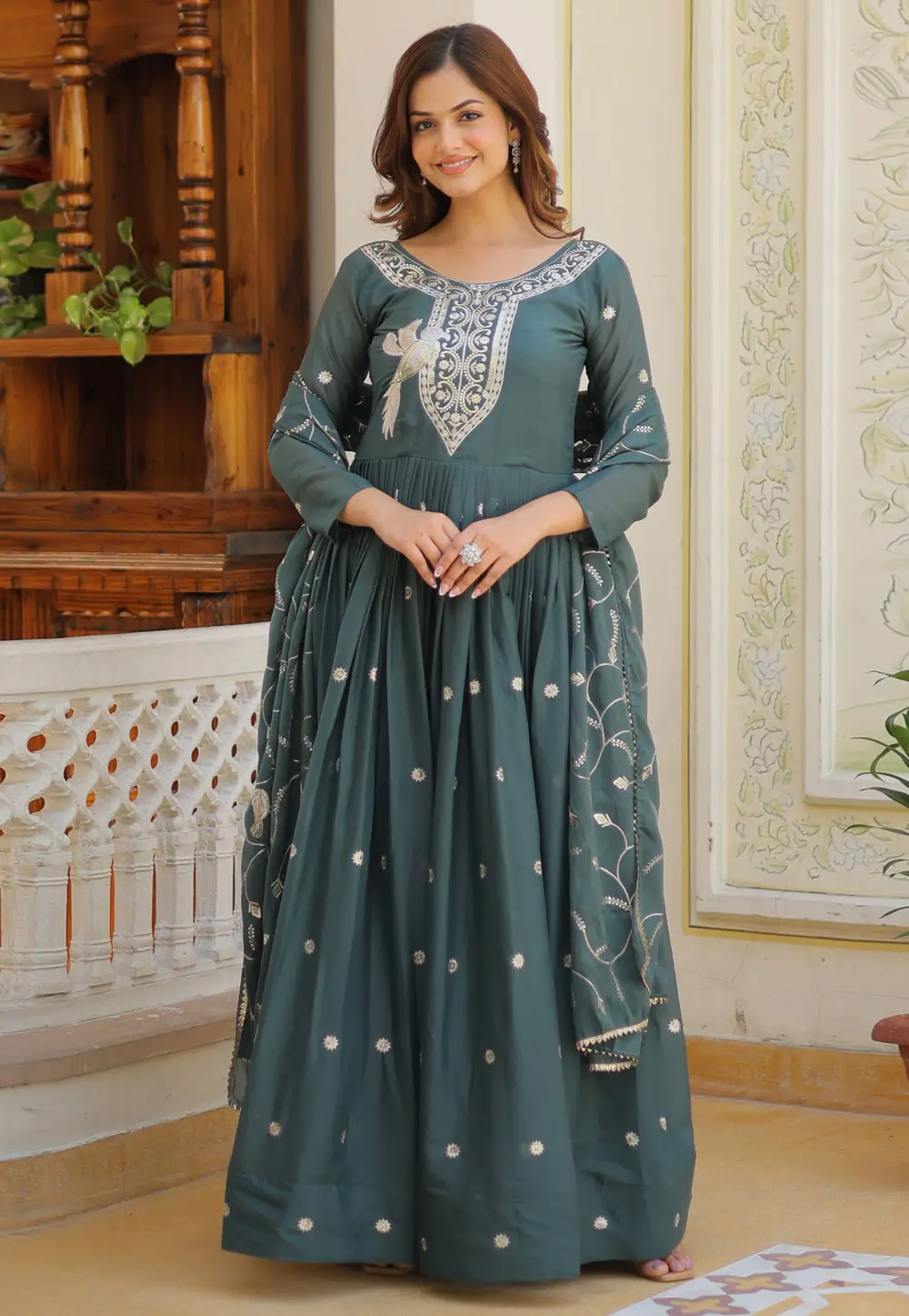 Teal Georgette Readymade Long Anarkali Suit 304238