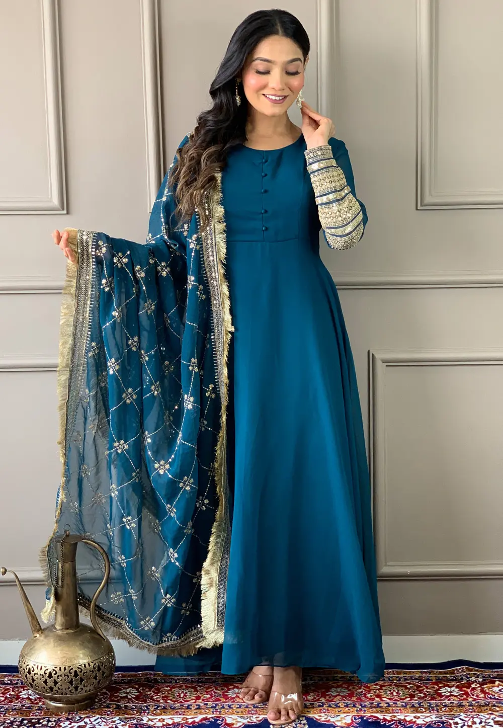 Teal Georgette Readymade Long Anarkali Suit 300101