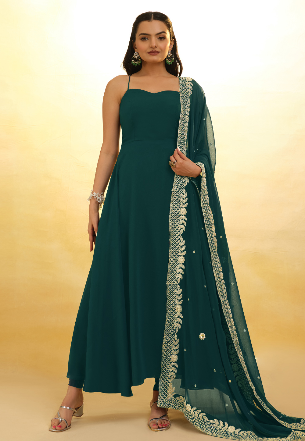 Teal Georgette Readymade Long Anarkali Suit 287461