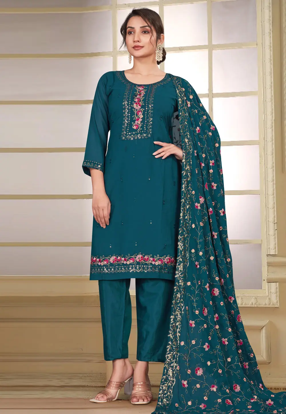 Teal Georgette Readymade Pakistani Suit 298939