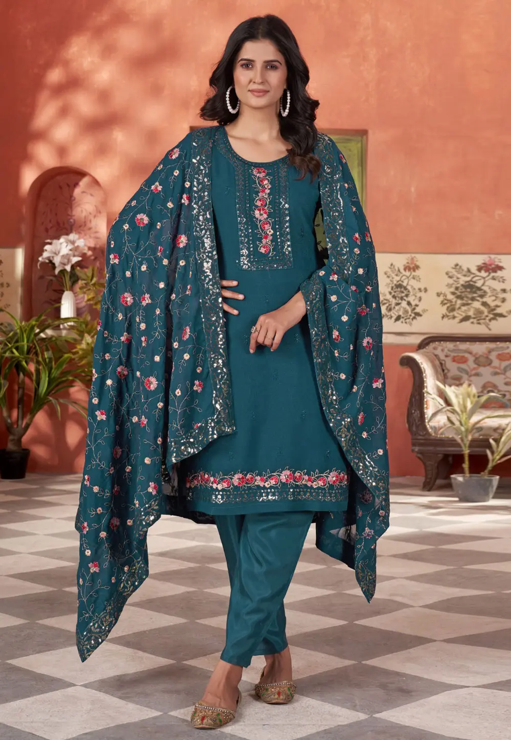 Teal Georgette Readymade Pant Style Suit 303525