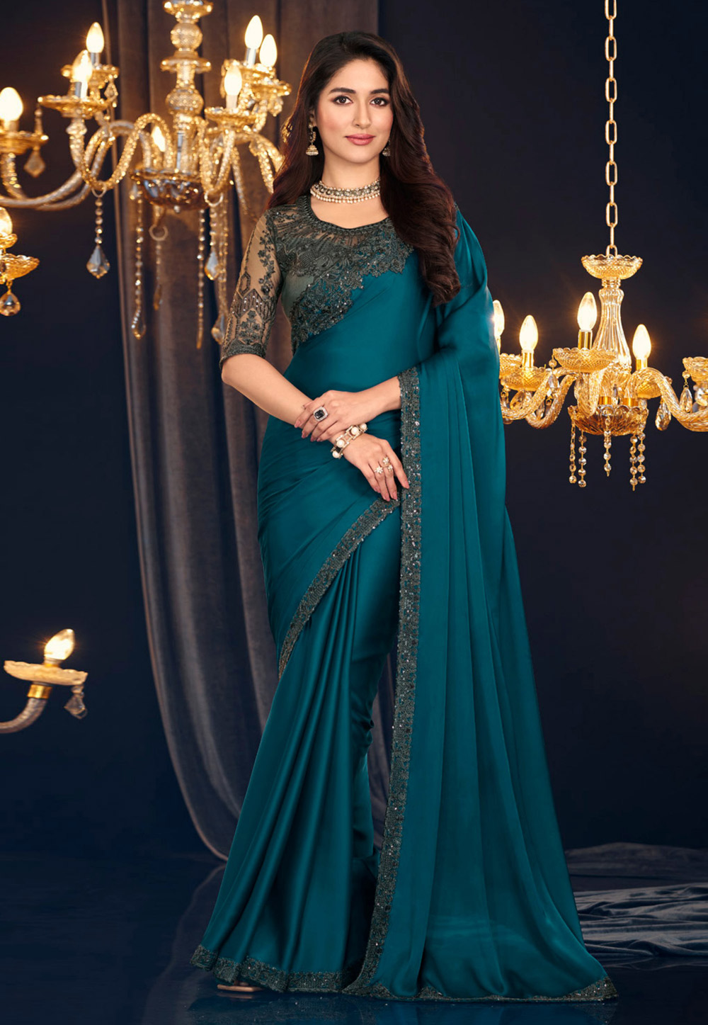 Teal Georgette Saree With Blouse 286514