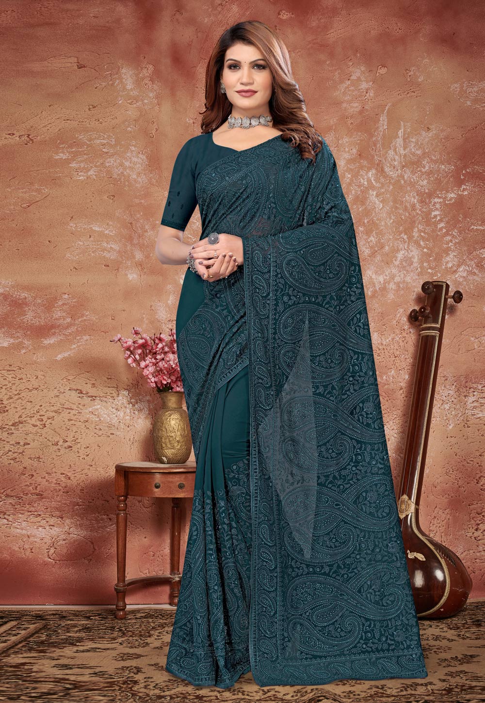 Teal Georgette Saree With Blouse 278316