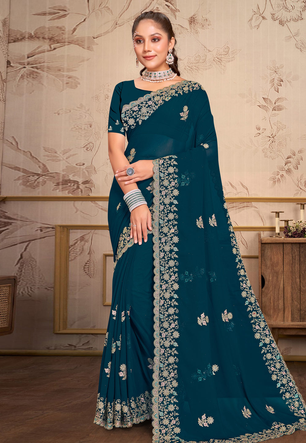 Teal Georgette Saree With Blouse 279530