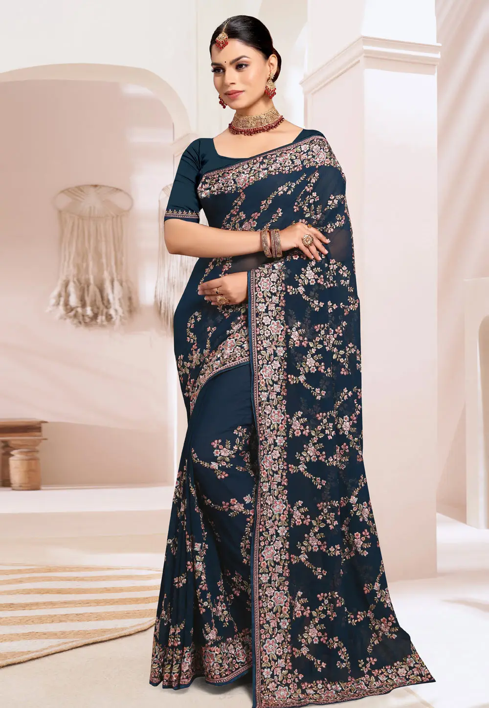 Teal Georgette Saree With Blouse 296430