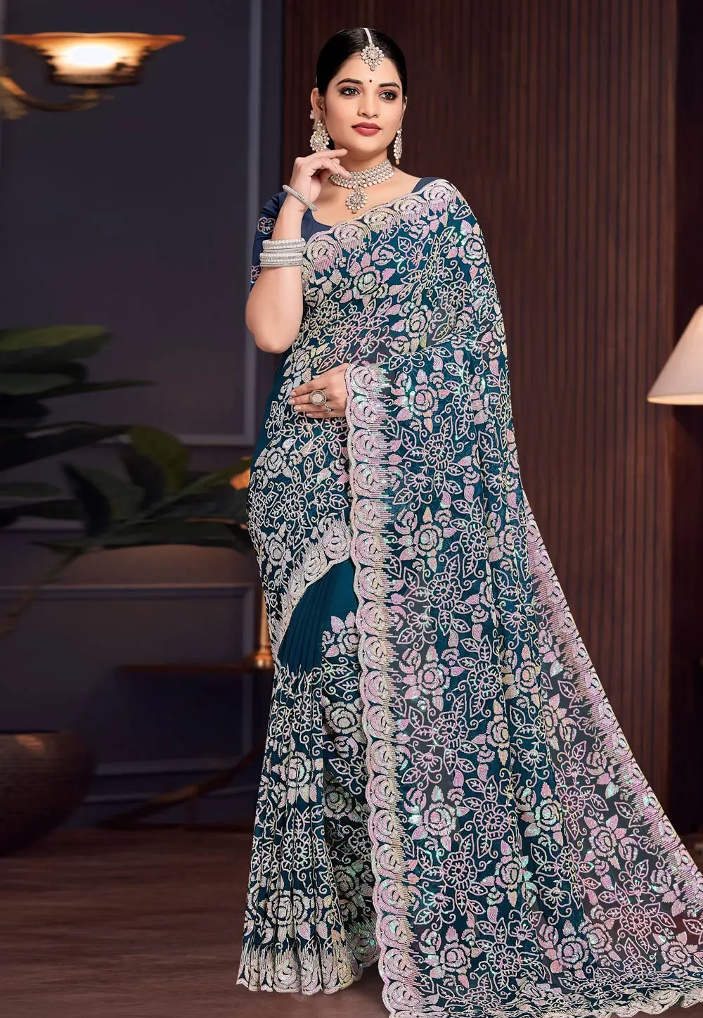 Teal Georgette Saree With Blouse 303634