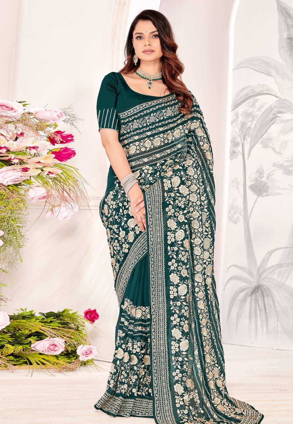 Teal Georgette Saree With Blouse 311036
