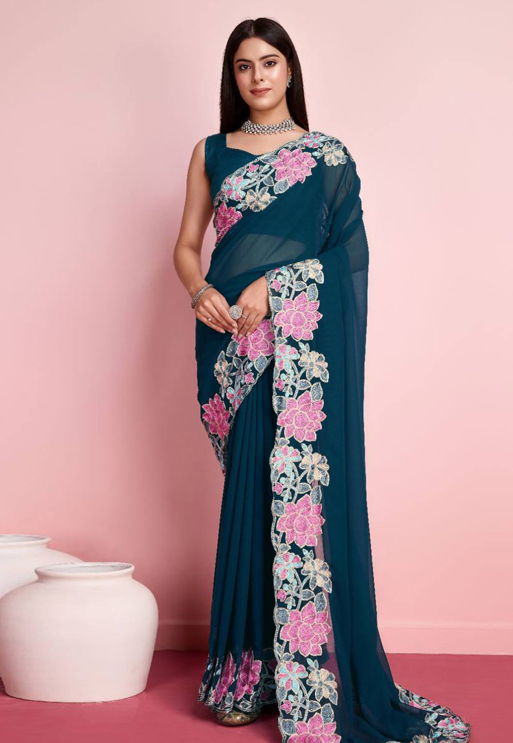 Teal Georgette Saree With Blouse 286331