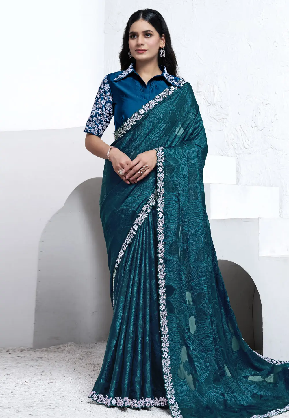 Teal Georgette Saree With Blouse 301273