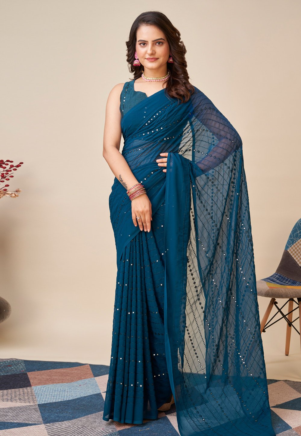 Teal Georgette Saree With Blouse 280424