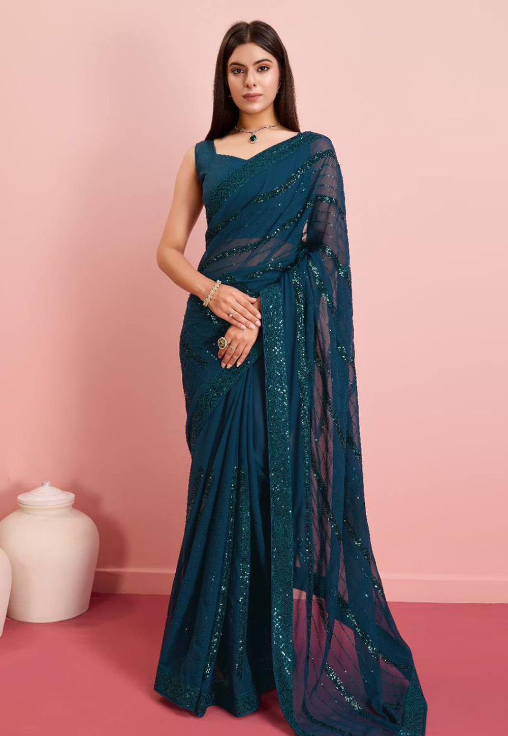 Teal Georgette Saree With Blouse 286818