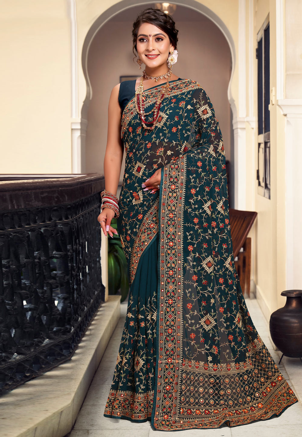 Teal Georgette Saree With Blouse 279304