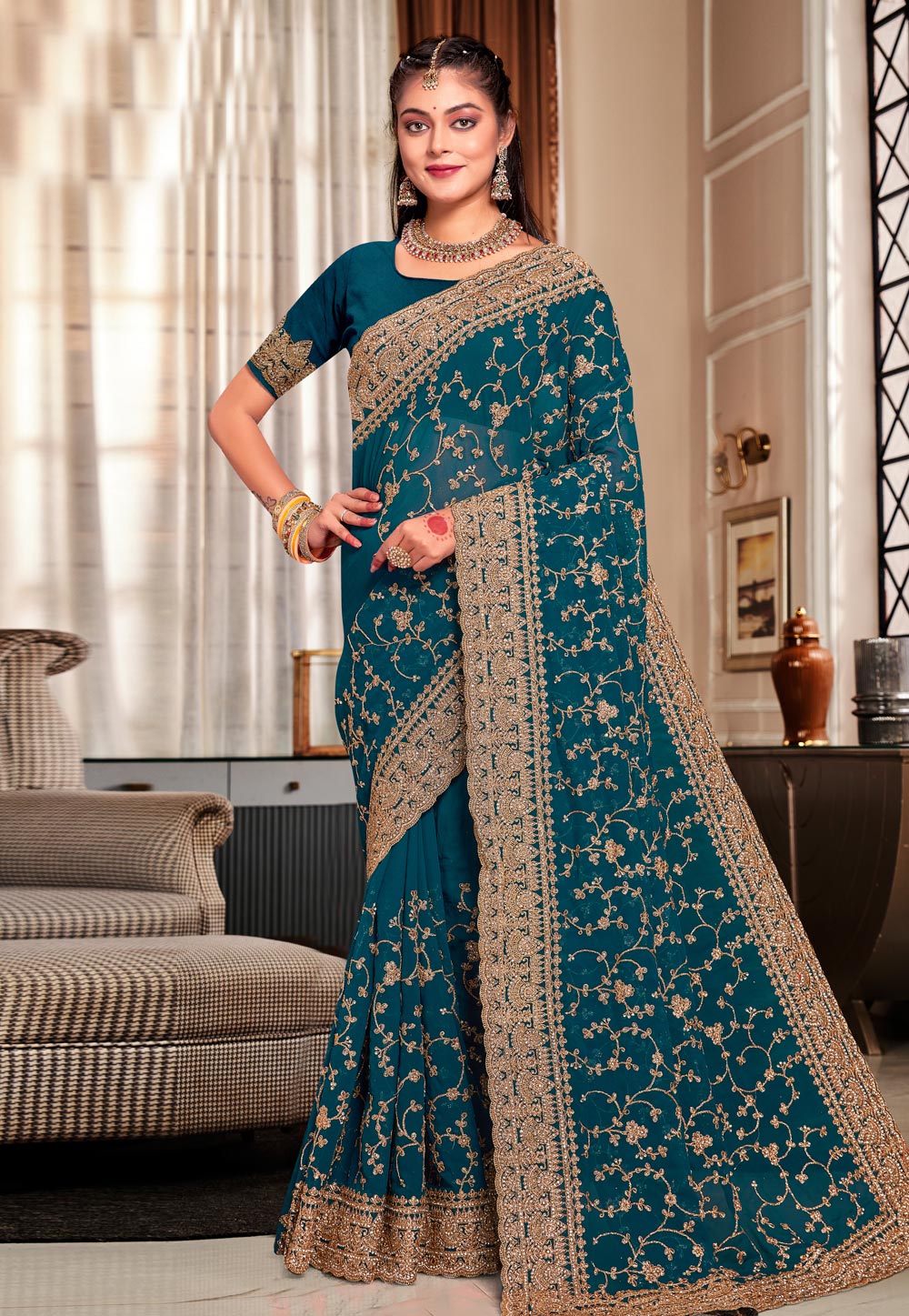 Teal Georgette Saree With Blouse 283594