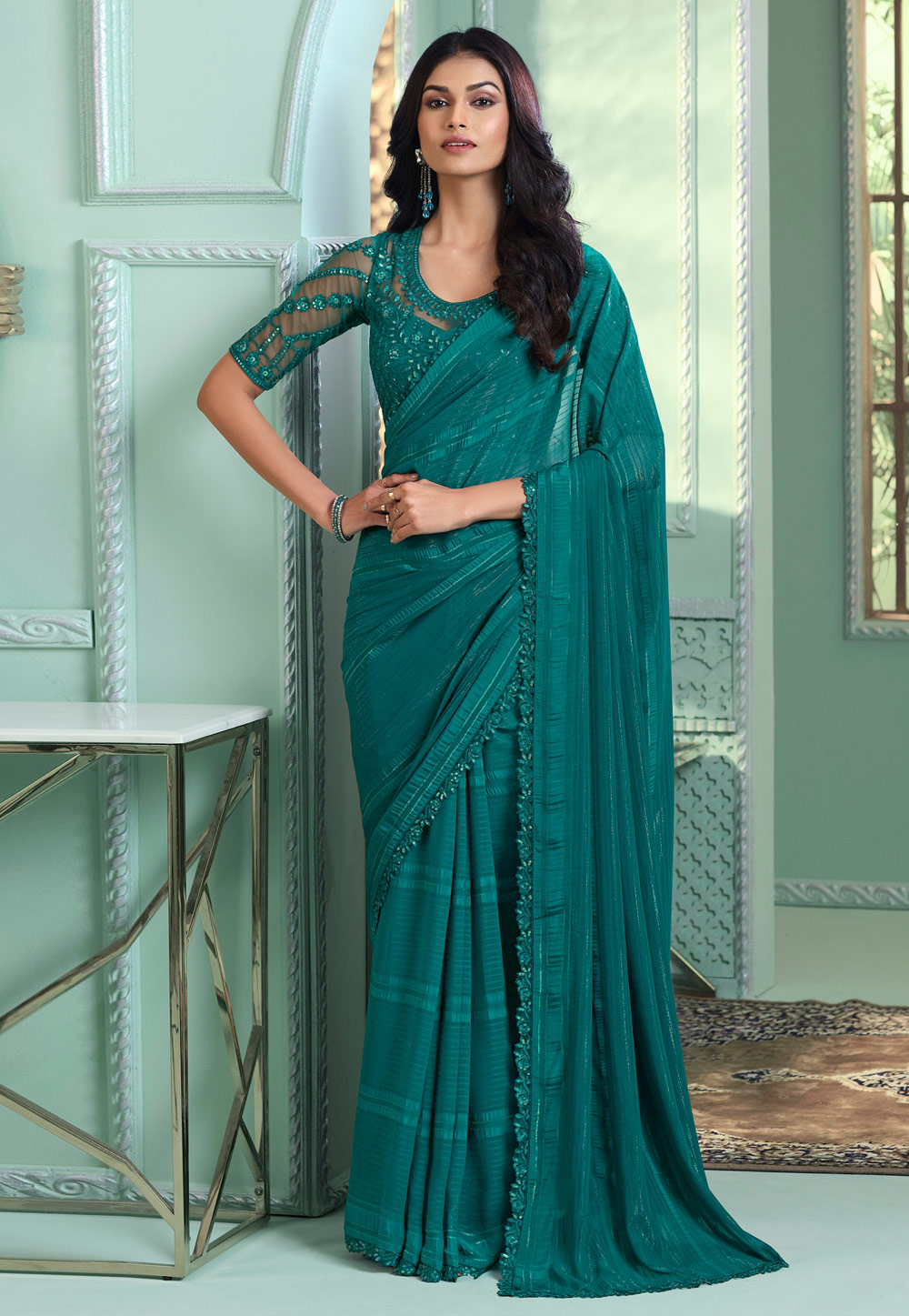 Teal Georgette Saree With Blouse 287253