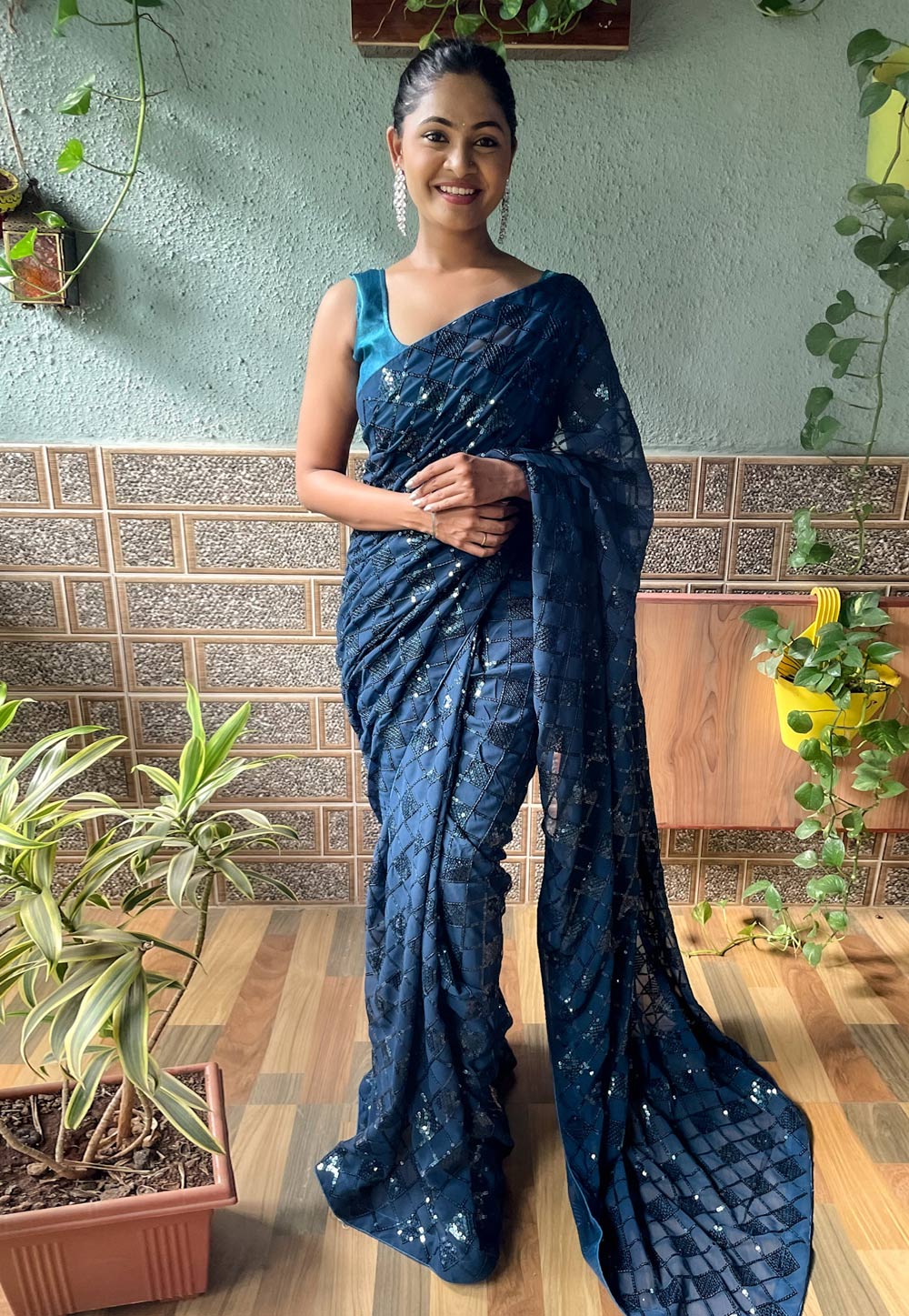 Navy Blue Georgette Saree With Blouse 279473
