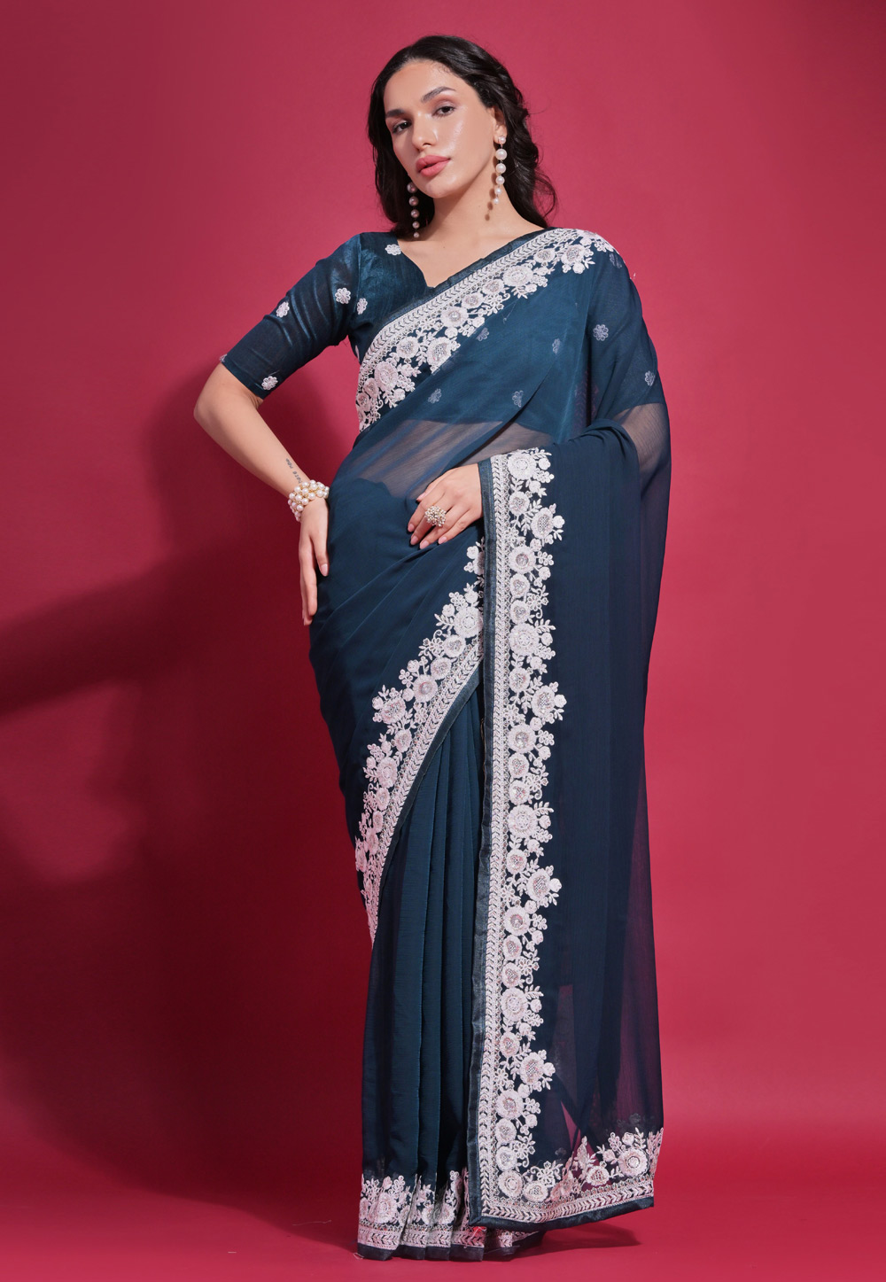 Teal Georgette Saree With Blouse 281753