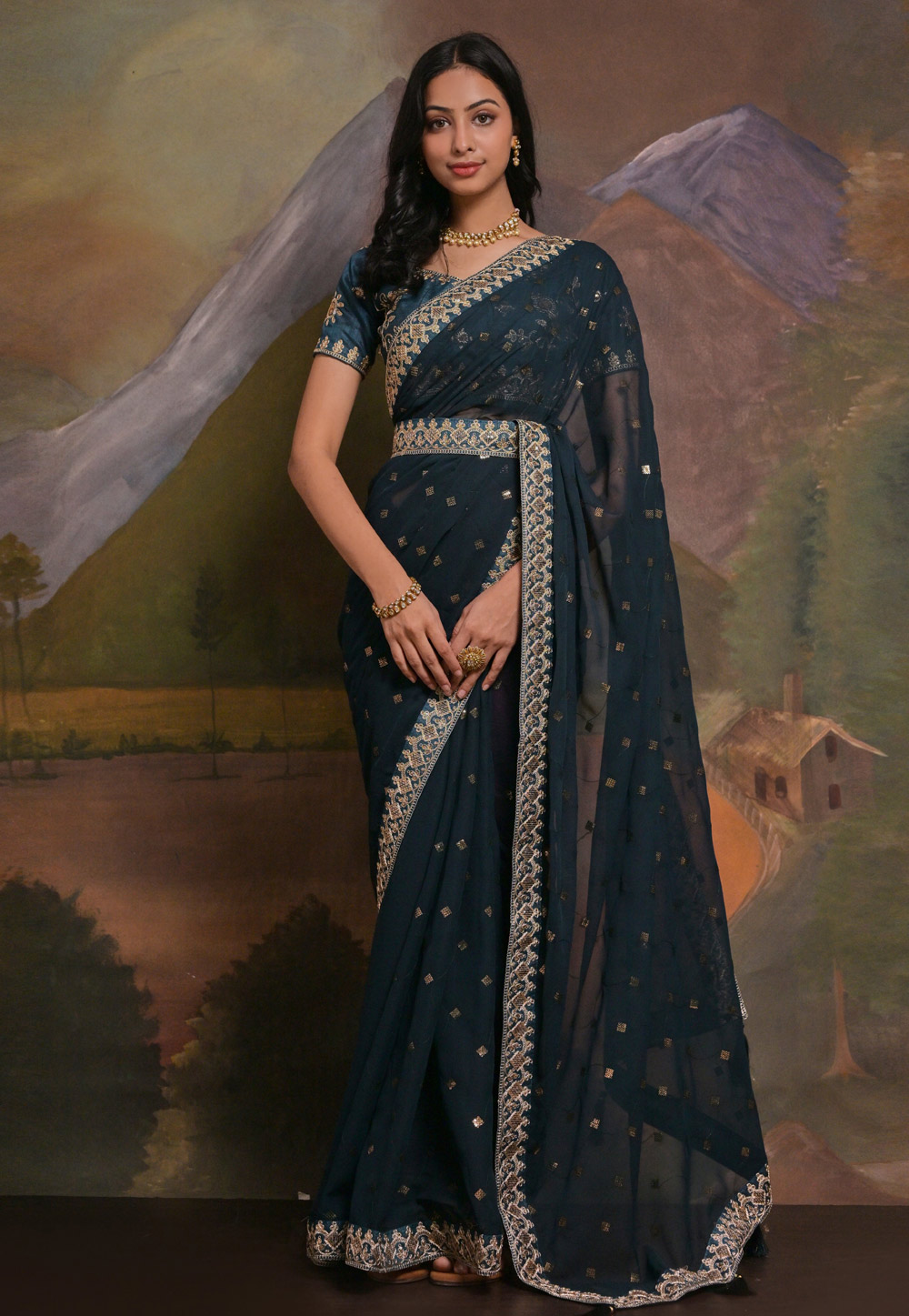 Teal Georgette Saree With Blouse 282281