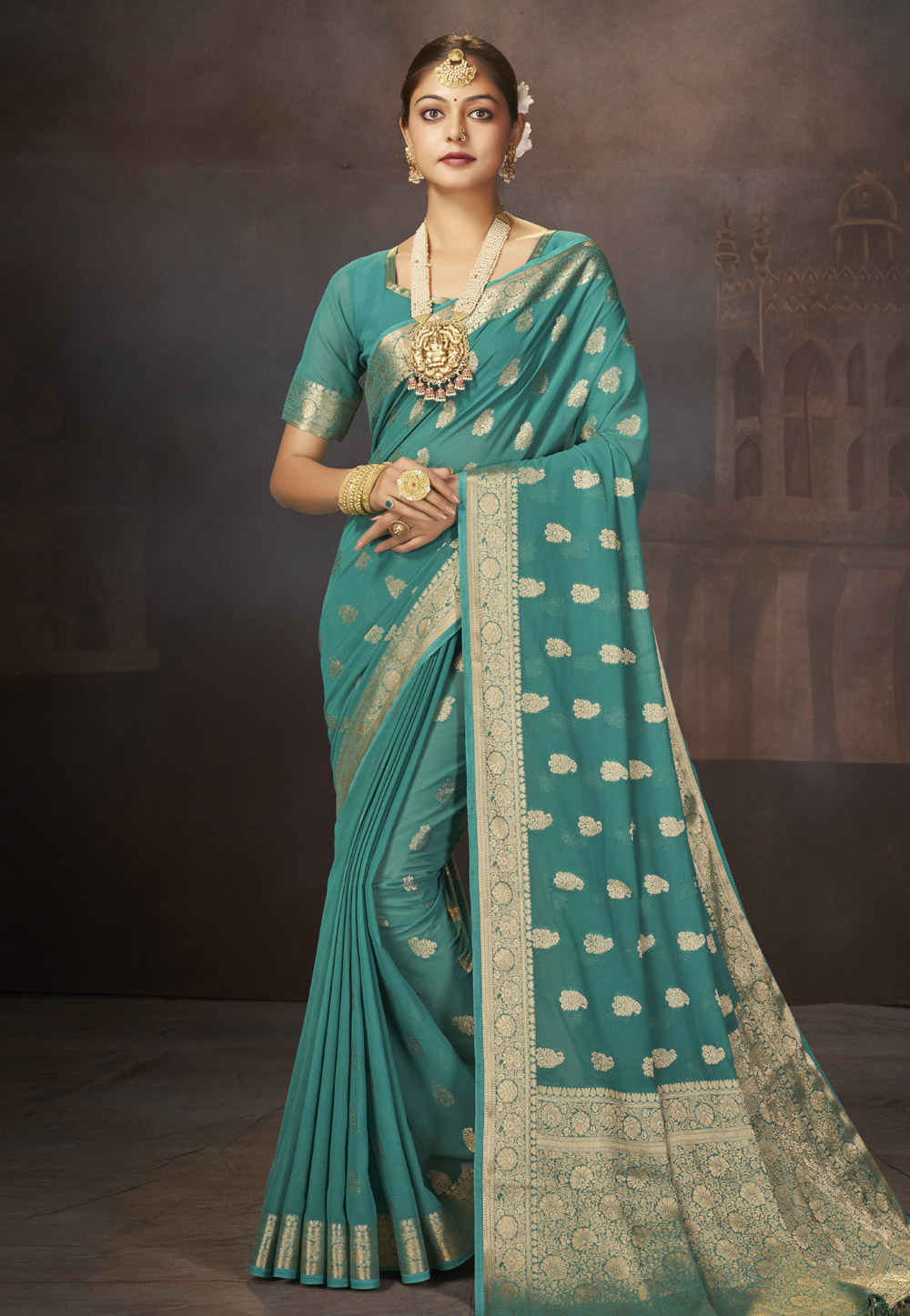 Teal Georgette Saree With Blouse 283219