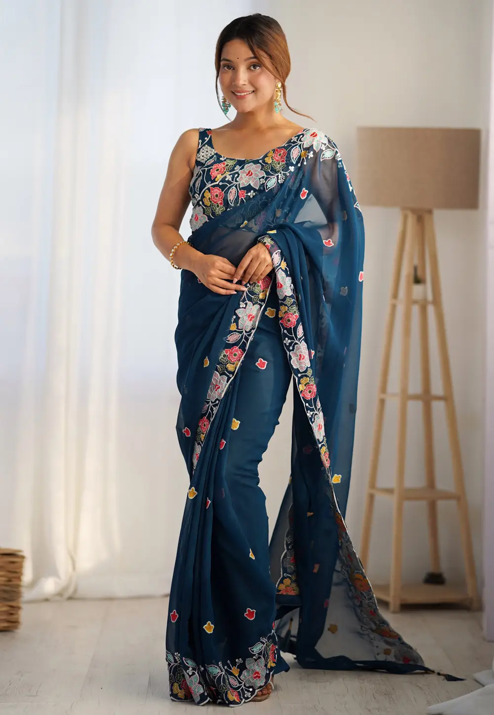 Teal Georgette Saree With Blouse 296266