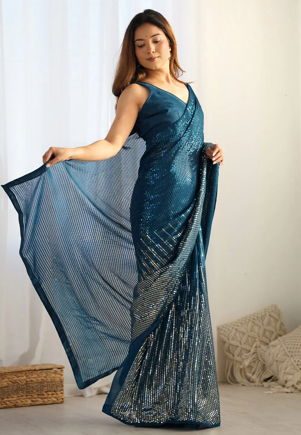 Teal Georgette Saree With Blouse 301224