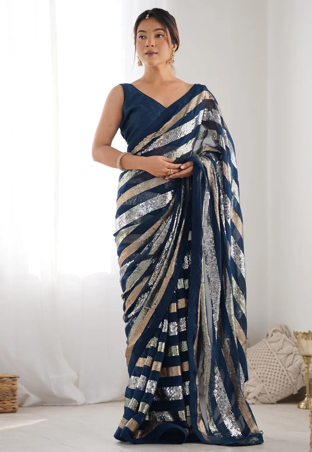 Teal Georgette Saree With Blouse 301550