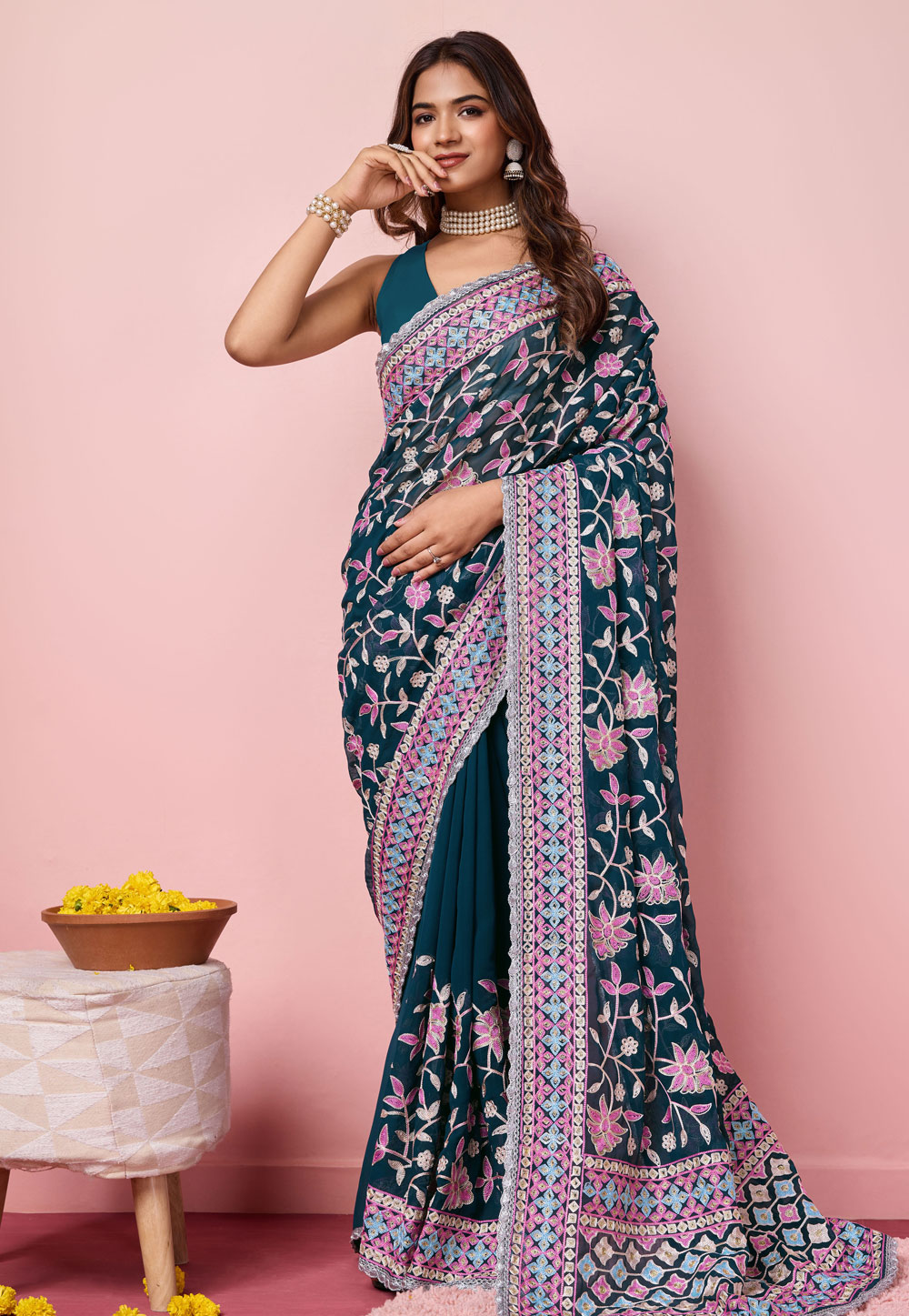 Teal Georgette Saree With Blouse 287645